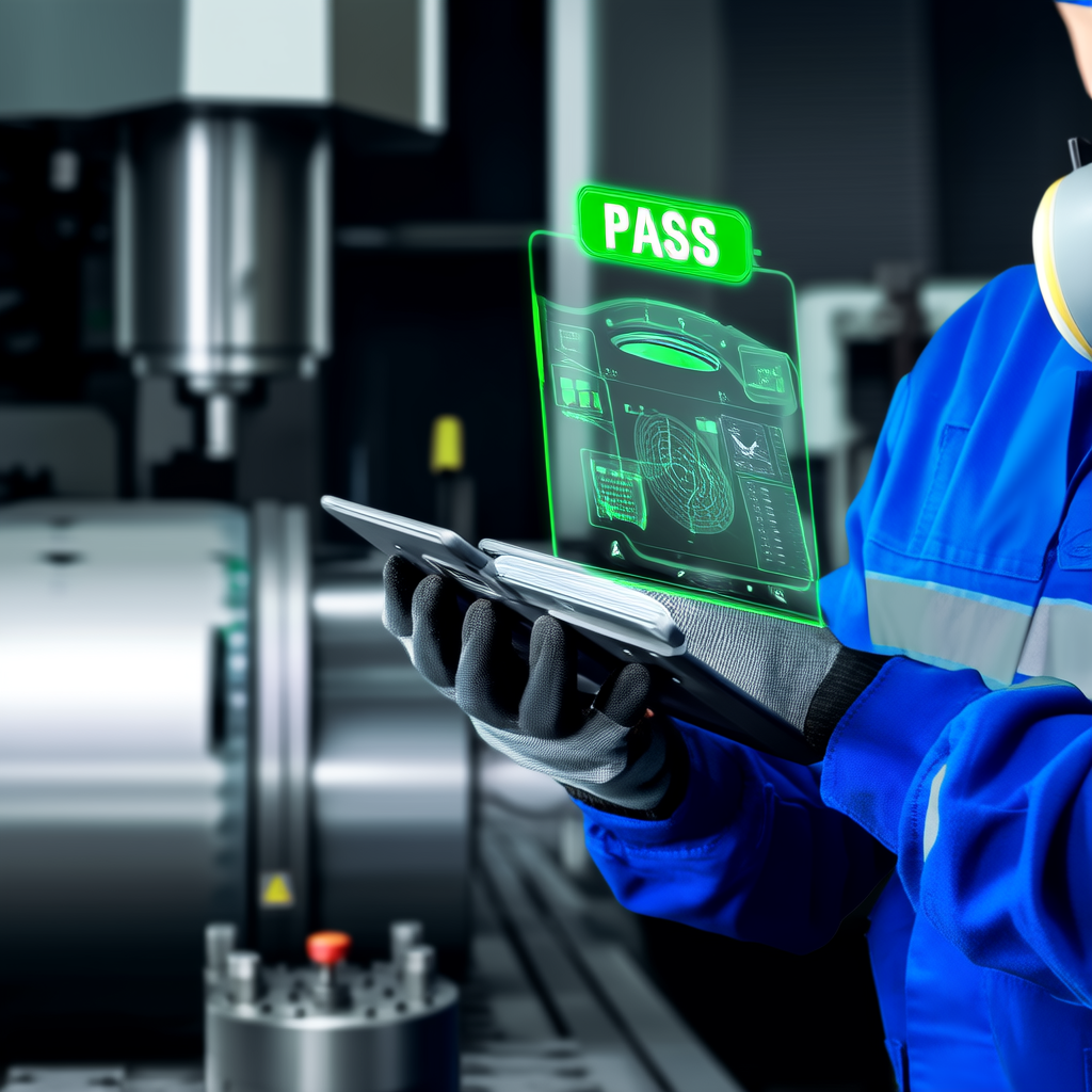 Close-up of a quality inspector using a tablet to scan a barcode on a machined metal part, holographic data overlay showing pass/fail results and traceability timeline, industrial background with blurred machinery, sharp focus on the tablet screen, realistic textures.
