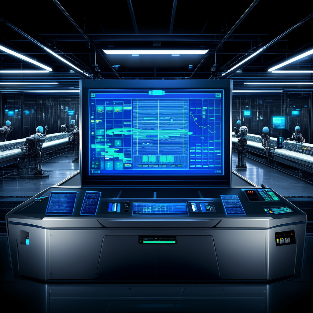 A digital control room with a large Gantt chart on the screen, a factory floor visible through glass windows, workers monitoring automated assembly lines, blue and orange color scheme, futuristic interface elements, high contrast, cinematic lighting.