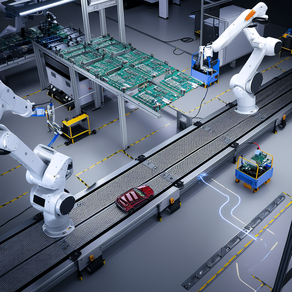 A flexible assembly line with robotic arms and AGVs quickly reconfiguring to switch between different product types (e.g., electronics, automotive parts), overhead view, modular layout, bright lighting, smooth motion lines indicating adaptability.