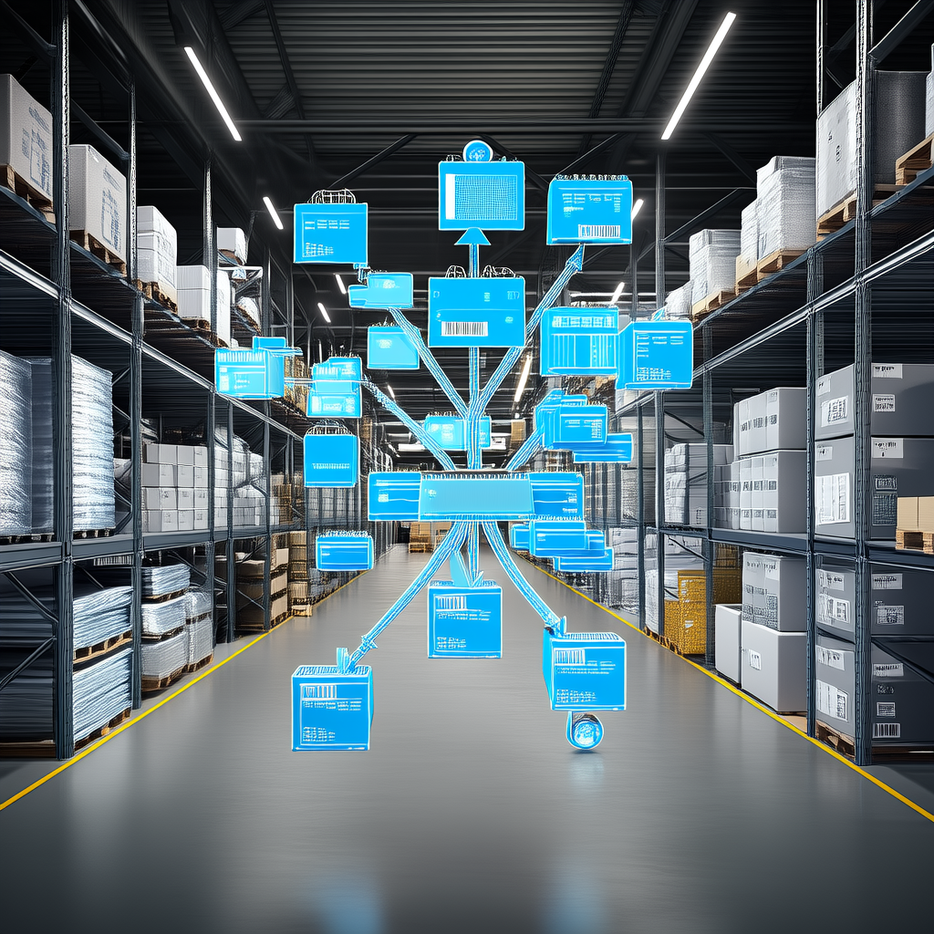 A 3D visualization of a Bill of Materials tree structure, with raw material icons, intermediate parts, and finished product nodes connected by lines, surrounded by inventory shelves and a graph showing decreasing stock levels over time, in a modern warehouse setting.