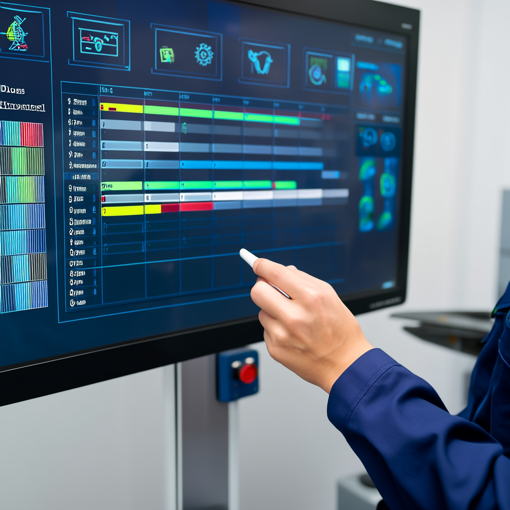 A Gantt chart on a large digital monitor showing optimized production schedules, with colorful bars representing different orders and machines, a factory worker pointing at a specific schedule adjustment, and icons of delivery trucks and clocks in the background.