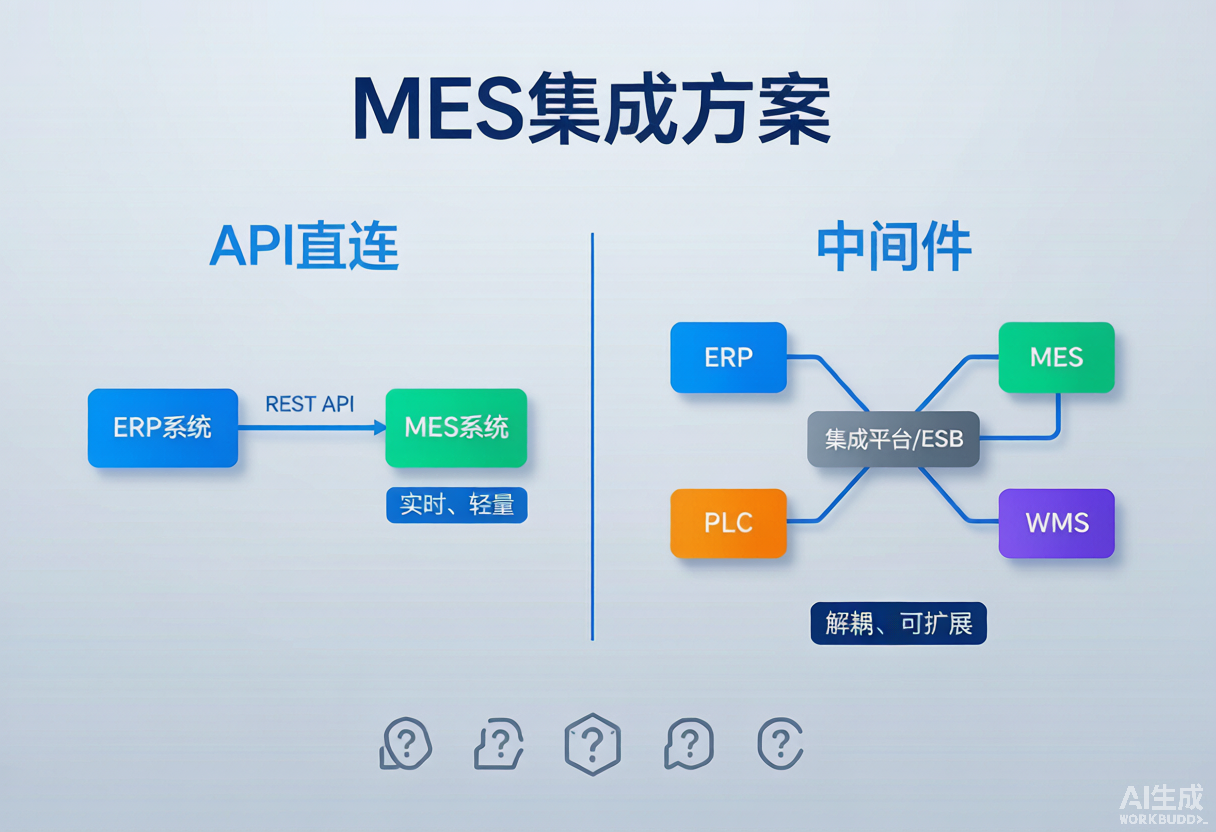 MES集成方案架构对比图（高清版）：左侧API直连（ERP与MES经REST API实时直连），右侧中间件（ERP/MES/PLC/WMS经集成平台ESB解耦连接）