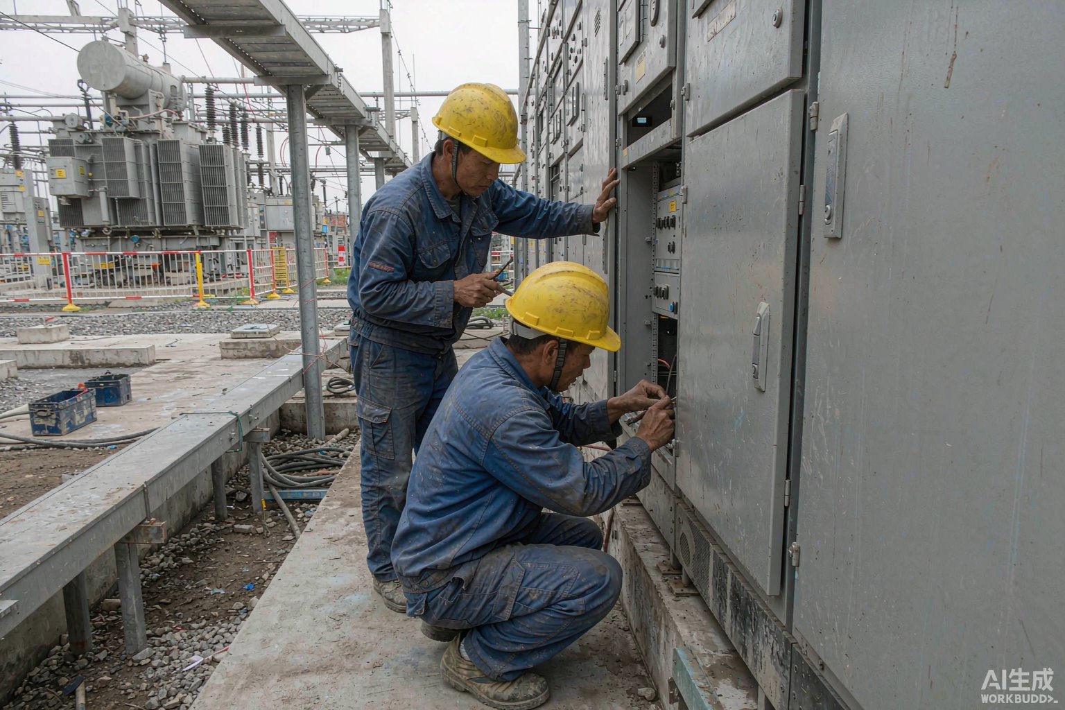 科海建工施工人员在变电站进行电气设备安装作业